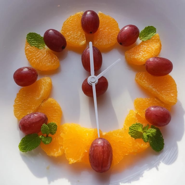 Bright citrus and vibrant grapes create a fun Grape and Orange Slice Clock Face presentation for brunch.