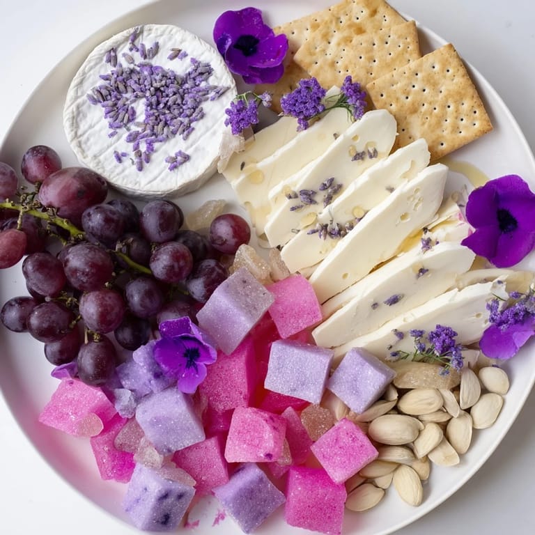 A beautiful Lavender Haze Dreamscape cheese board featuring vibrant grapes, perfect for entertaining guests.