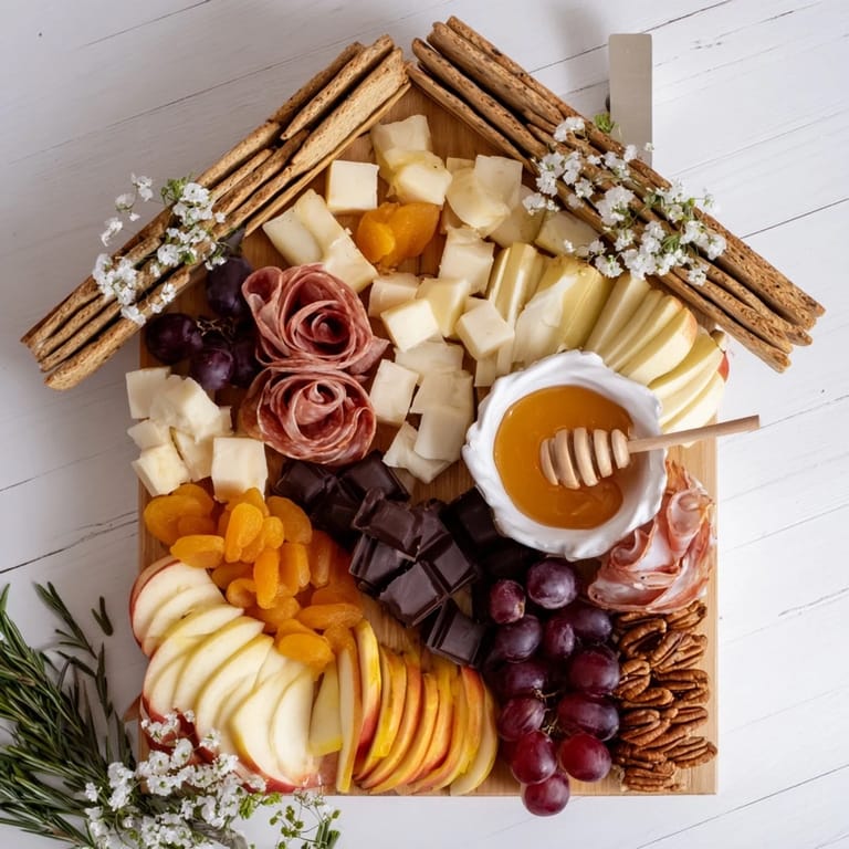 Sweet Home Charcuterie Board: A visually stunning charcuterie board, packed with assorted crackers, cheeses, and delicious snacks galore.