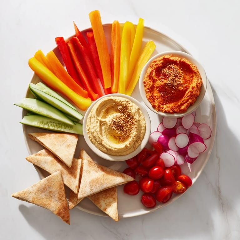 Tasteful The Moroccan Tent: A flavorful appetizer, piled high with dips, vegetables, and spiced, soft flatbread.