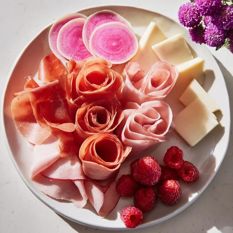 Beautifully arranged Pink Petal Watercolor Wash, featuring prosciutto roses and colorful sliced vegetables, ready to eat.