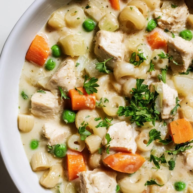 Hearty Chicken Pot Pie Pasta Soup: a deconstructed comfort food with pasta and creamy broth.