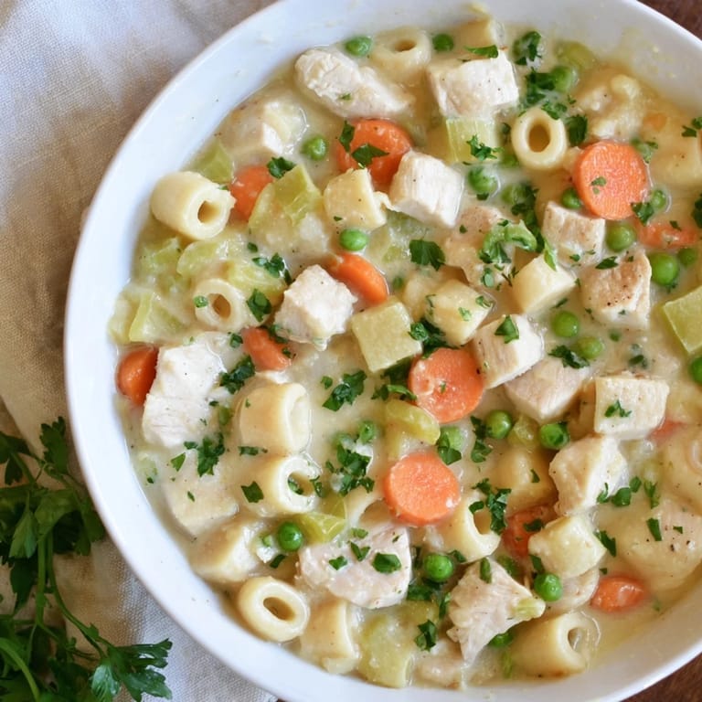 A steaming bowl of Chicken Pot Pie Pasta Soup, full of visible vegetables and tender chicken pieces.