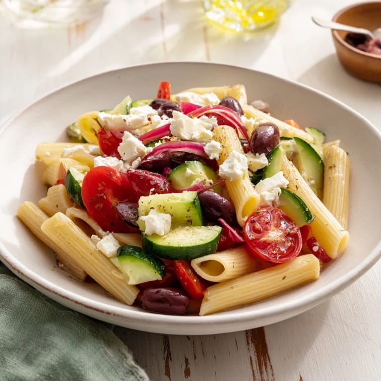 This vibrant Mediterranean Pasta Salad with chickpeas is served cold, perfect for a summer lunch.