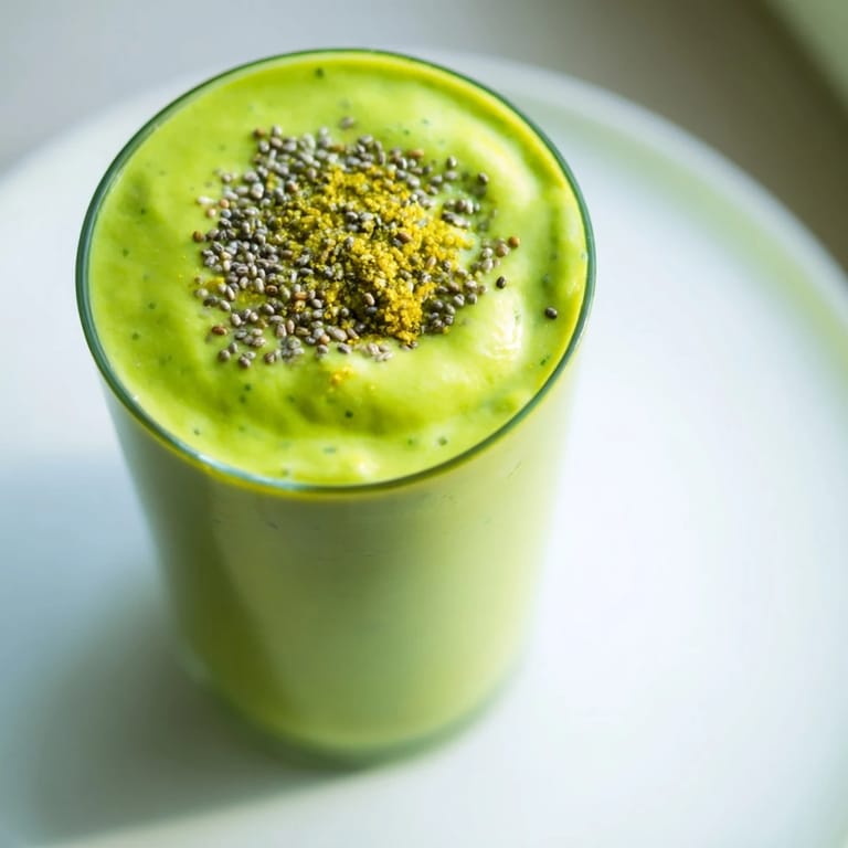 A refreshing Spinach Avocado Smoothie, thick and smooth, poured into a tall glass, ready to drink.