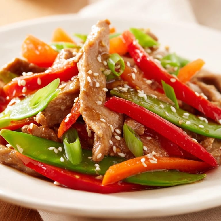This Sweet Teriyaki Pork Stir-Fry showcases glistening pork slices with vibrant veggies, perfect alongside fluffy rice.