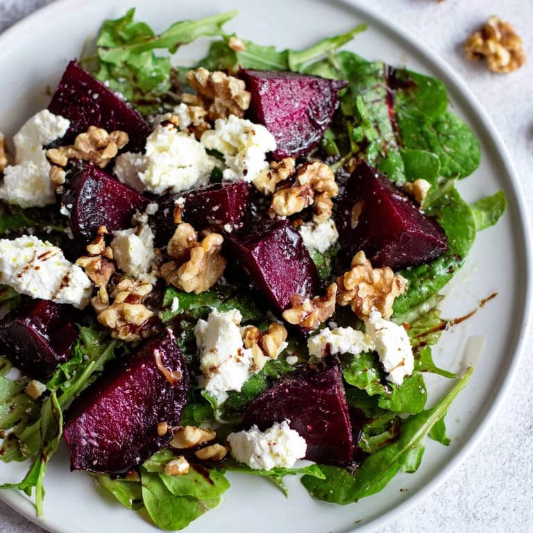 A beautiful view of the fresh Beet and Goat Cheese Salad, ready to enjoy with a tangy balsamic dressing.