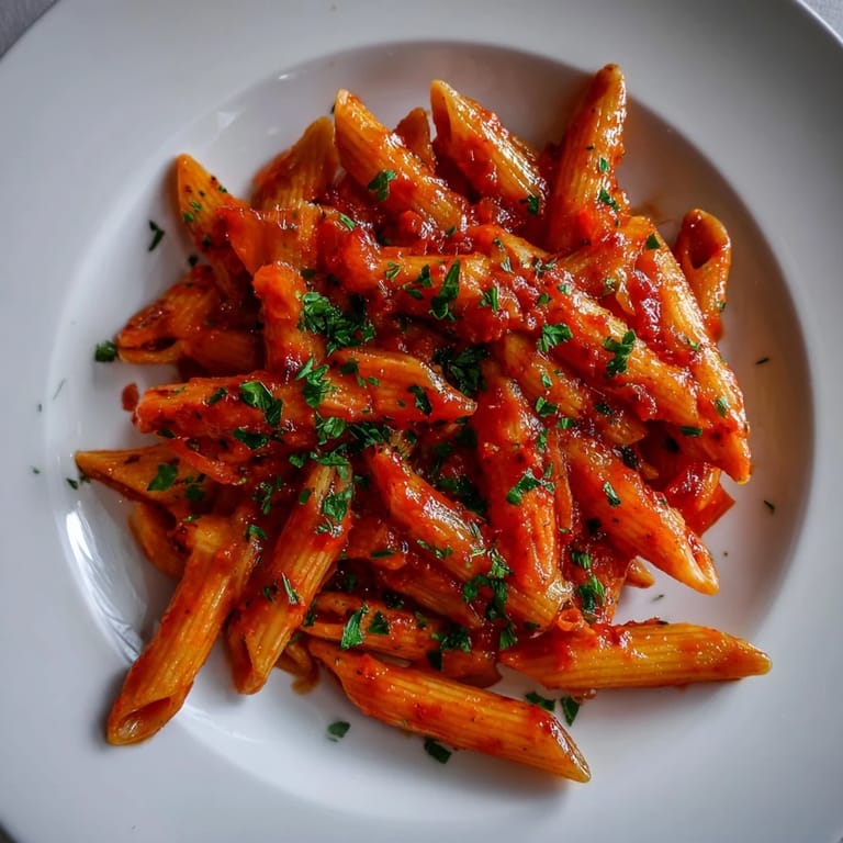 Close-up of perfectly plated penne all'arrabbiata, garnished with fresh parsley, ready for a delicious dinner.