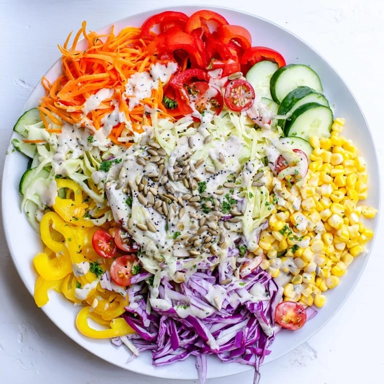 A fresh and healthy Rainbow Salad, tossed with tahini dressing, is a colorful and delicious meal option.