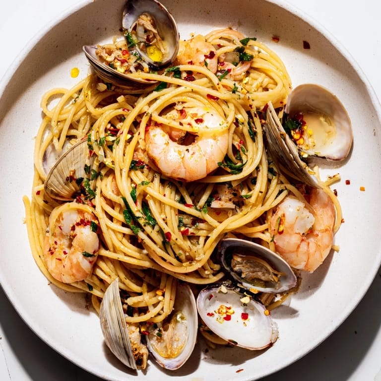A close-up of golden garlicky Seafood Pasta Aglio e Olio, inviting you to enjoy its flavors.