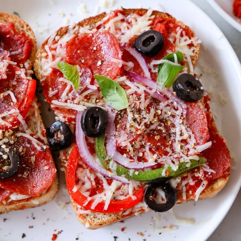 A close-up shot of delicious Pizza Toast 2.0: oozing cheese, pepperoni, and perfectly toasted bread.