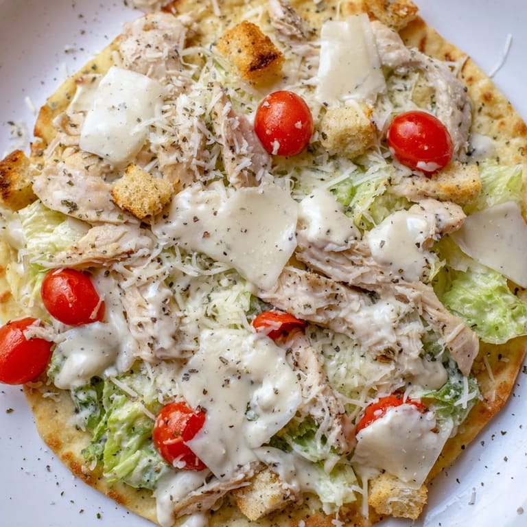 A close-up of a delicious Chicken Caesar Flatbread featuring melted mozzarella and juicy chicken.