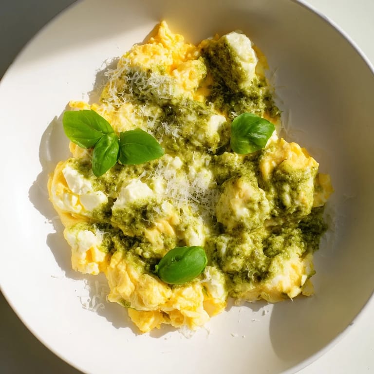 Scrumptious plate of Pesto Cottage Cheese Eggs, creamy scrambled eggs with pesto and Parmesan cheese for brunch.