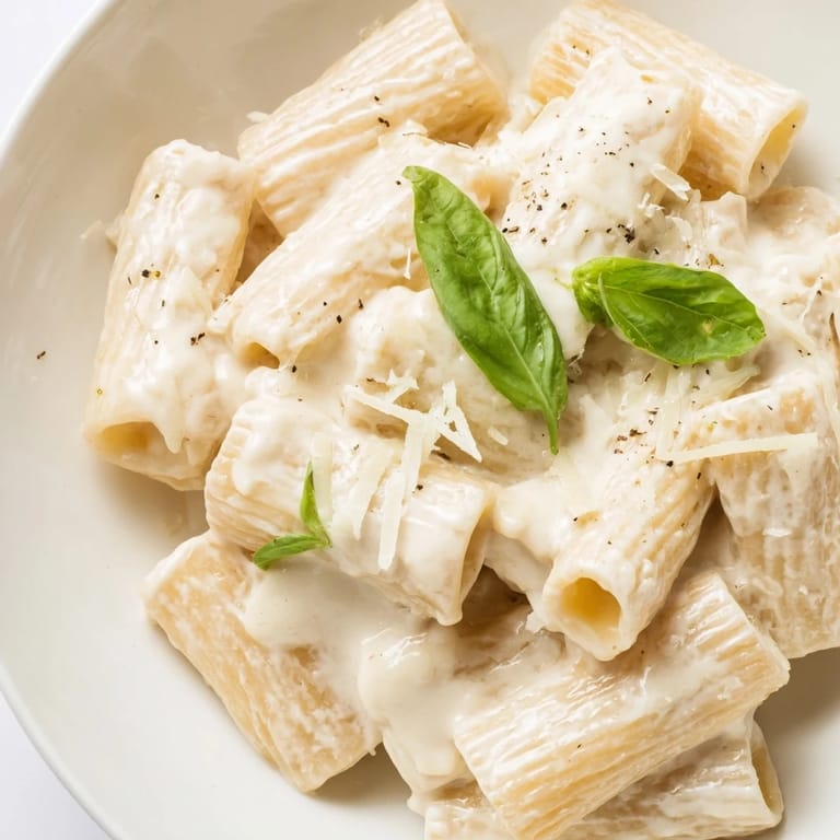 Spoonful of creamy cottage cheese pasta, garnished with fresh basil, ready for a delicious bite.
