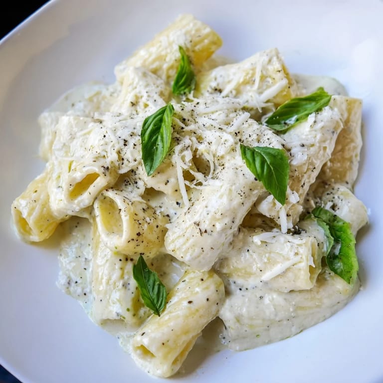 Close-up of freshly made creamy cottage cheese pasta, a quick and easy, high-protein meal.