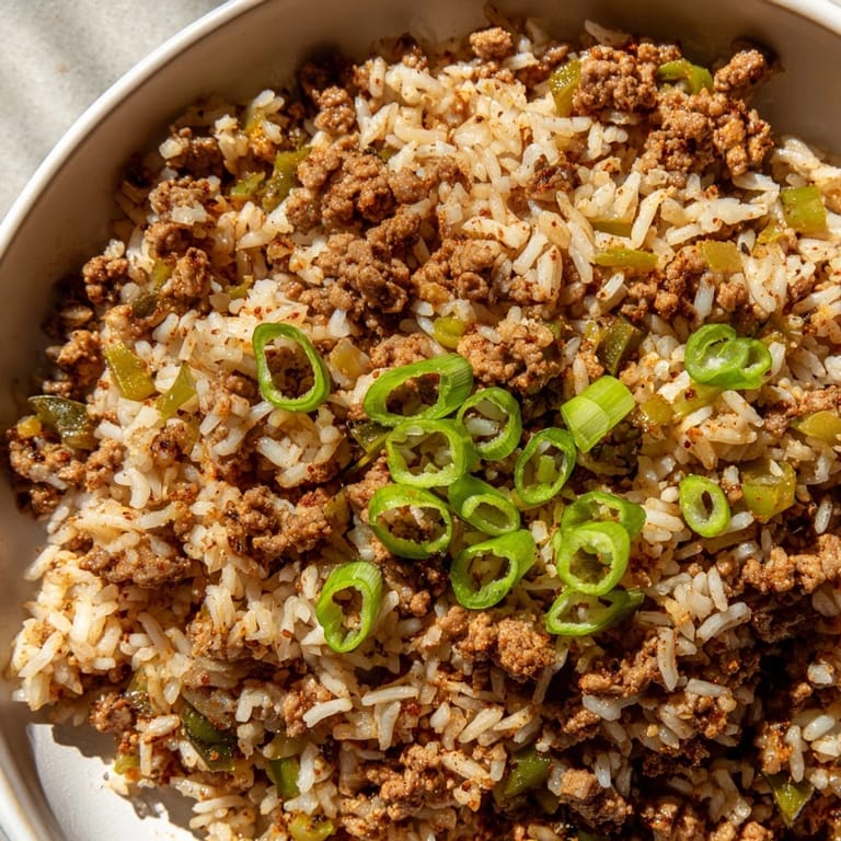 Enjoy a hearty plate of Cajun Dirty Rice, a classic Southern dish brimming with delicious aromas.