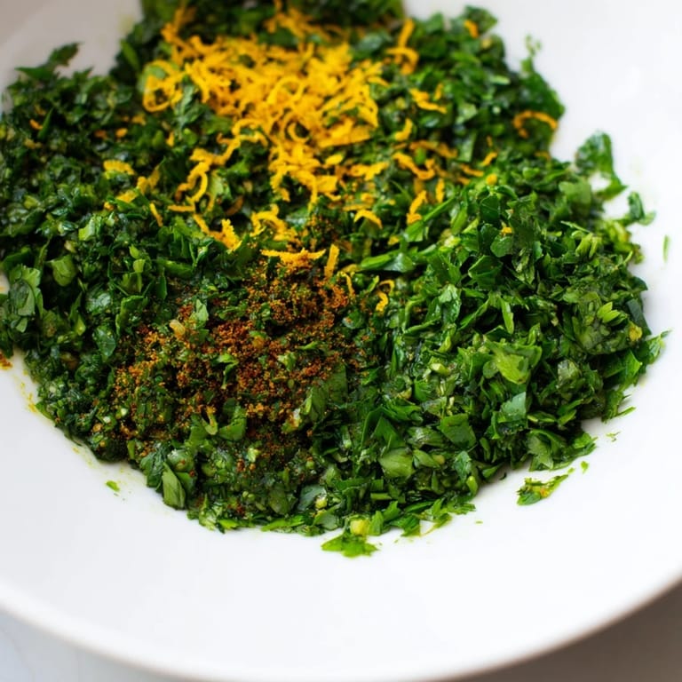 Close-up of the fragrant Moroccan Chermoula Marinade, thick with fresh herbs and zesty lemon for marinating.