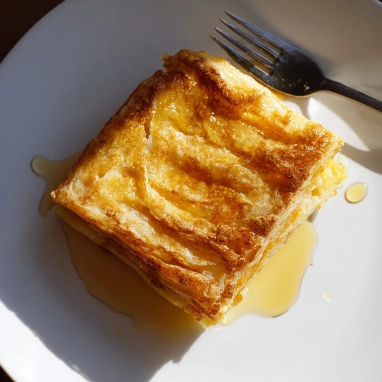 Homemade Msemen squares, glistening with oil, ready to be enjoyed with a sweet drizzle of honey.