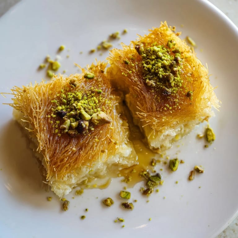 A close-up of warm, cheesy Lebanese Knafeh, with golden phyllo and sprinkled pistachios.