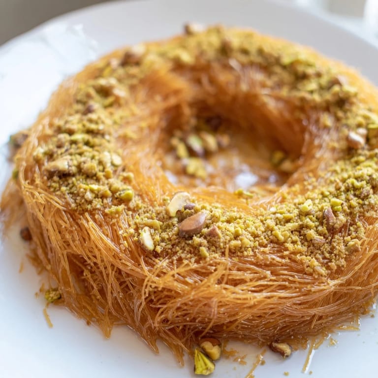 This close-up showcases warm, freshly baked Egyptian Konafa, rich with chopped nuts and golden kataifi.