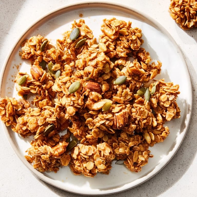 Homemade granola clusters baked until golden brown, served with yogurt and fresh berries.