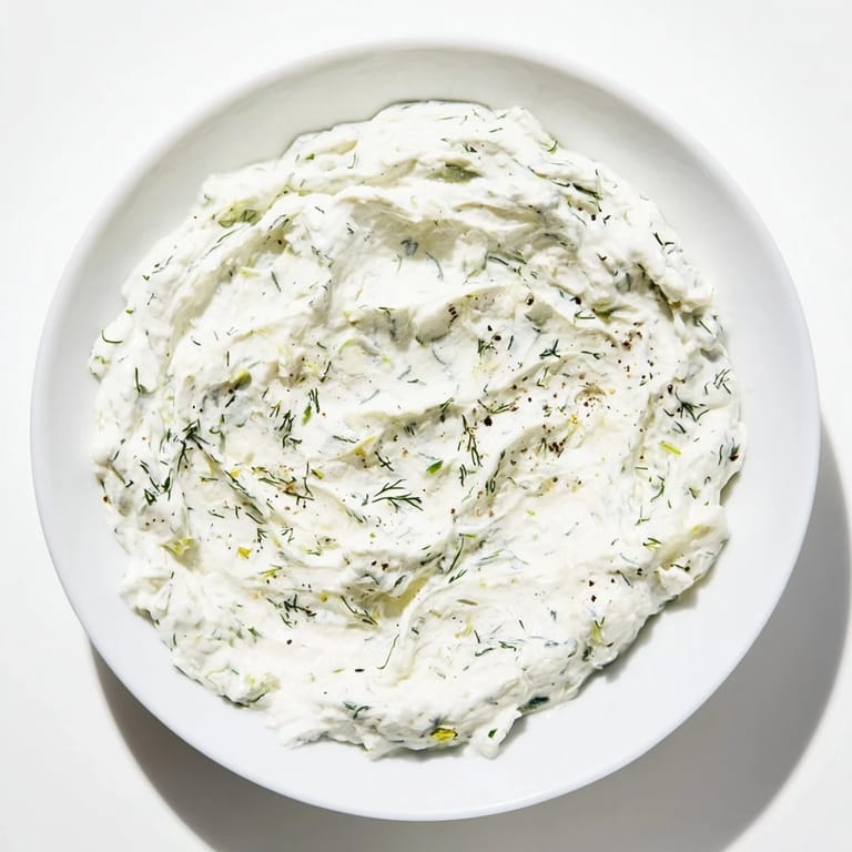 Freshly made Greek Yogurt Herb Dip, vibrant green herbs combined, perfectly complements pita chips.