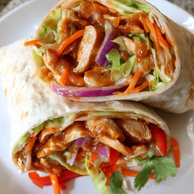 Honey Sriracha Chicken Wrap served on a rustic plate, garnished with fresh cilantro alongside a refreshing glass of iced tea.