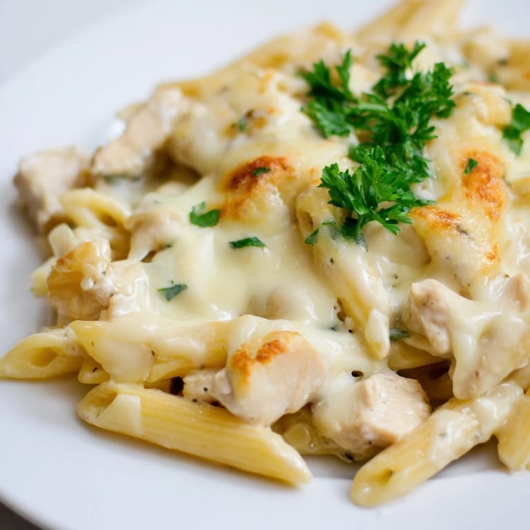 Serve Chicken Alfredo Casserole directly from the baking dish, garnished with fresh parsley and paired with a crisp green salad.