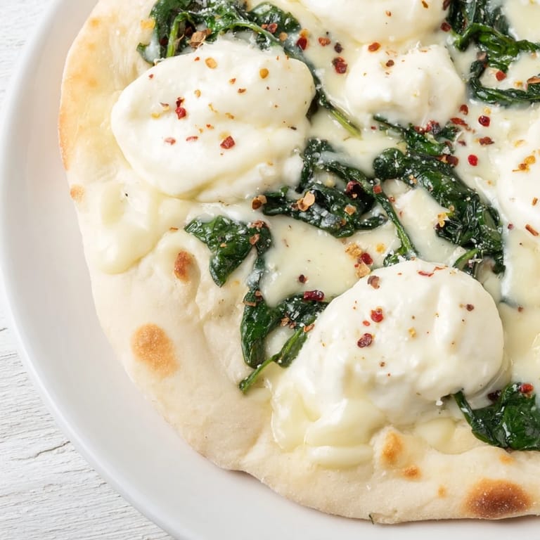 Homemade spinach ricotta pizza with bubbling cheese, fresh spinach, and garlic butter, ready to serve with a crisp green salad.