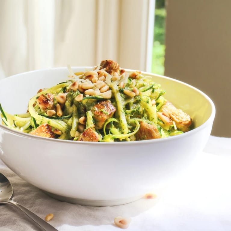 Tender Pesto Zucchini Chicken Bowl topped with Parmesan cheese, toasted pine nuts, and fresh basil.