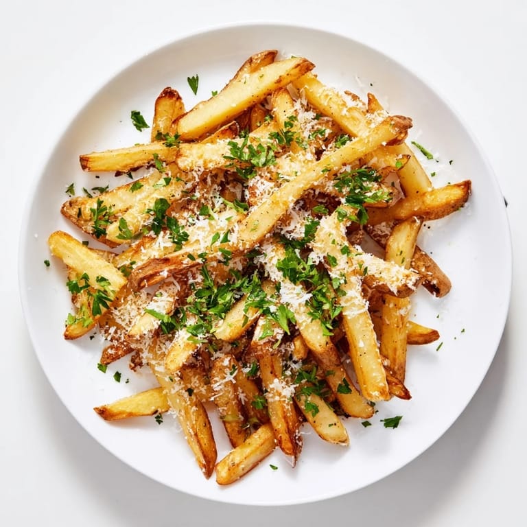 Savory Truffle Parmesan Fries served hot beside a creamy garlic aioli dipping sauce for a decadent snack.