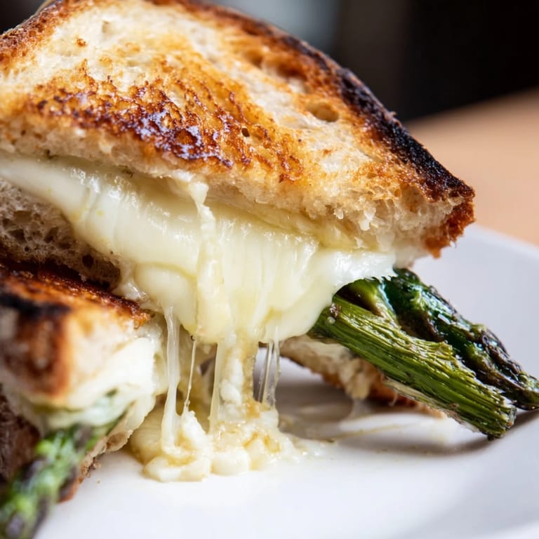 Golden Asparagus & Brie Grilled Cheese on sourdough, with charred asparagus spears and a side salad.