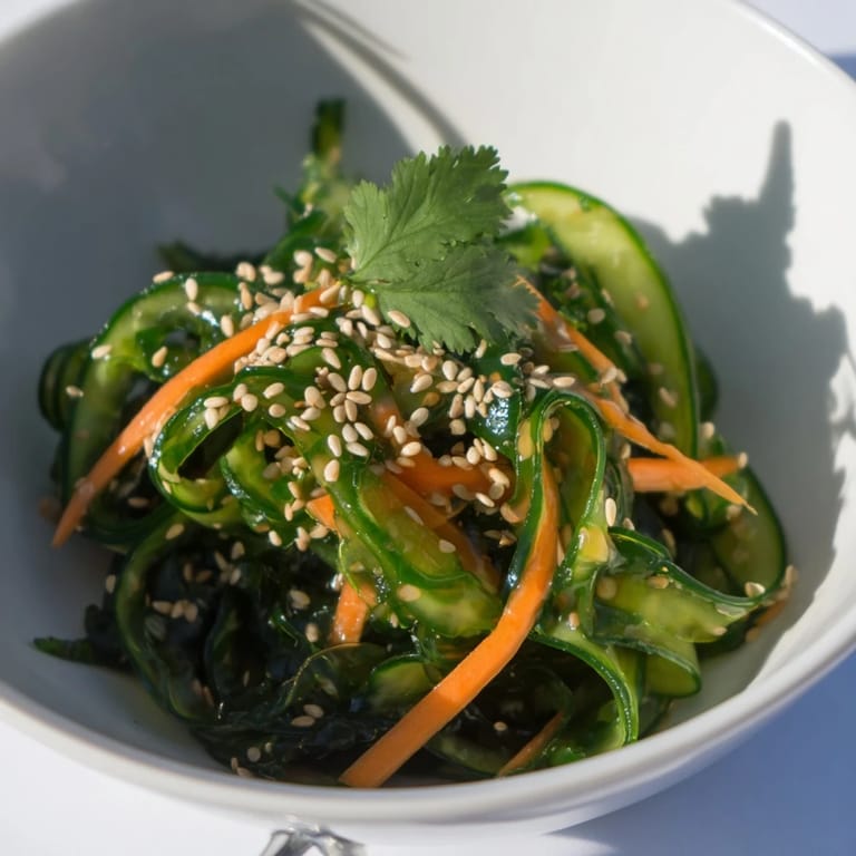 This Seaweed Salad offers a refreshing blend of tender seaweed and julienned vegetables, garnished with toasted sesame seeds and fresh cilantro.