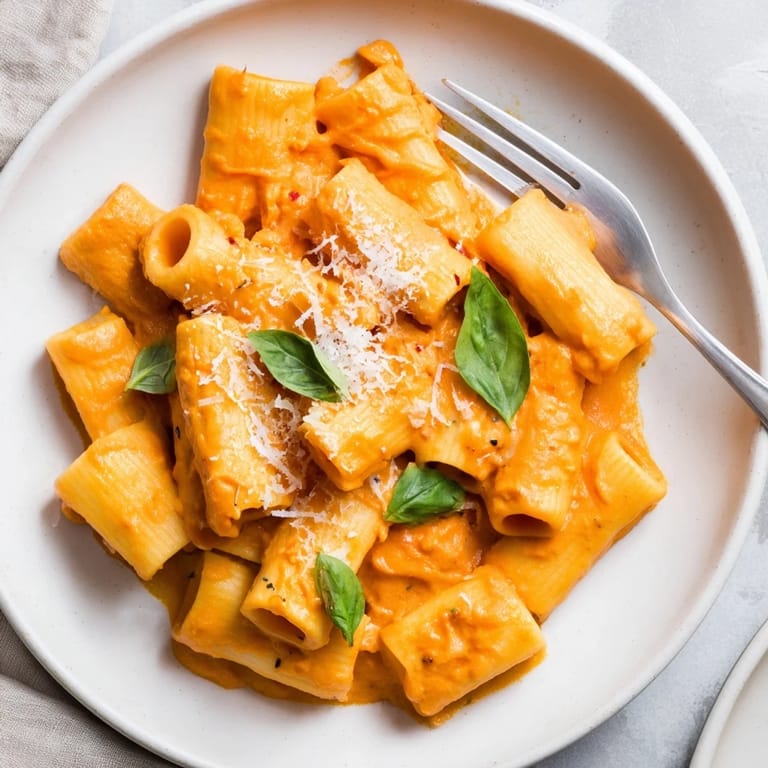 A close-up of roasted red pepper pasta in a skillet, featuring rich sauce, minced garlic, and colorful garnishes ready to serve.