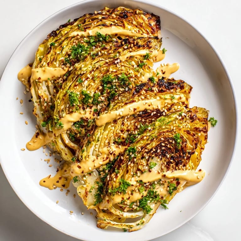Caramelized cabbage steaks drizzled with lemony tahini, served warm as a hearty plant-based side or main.