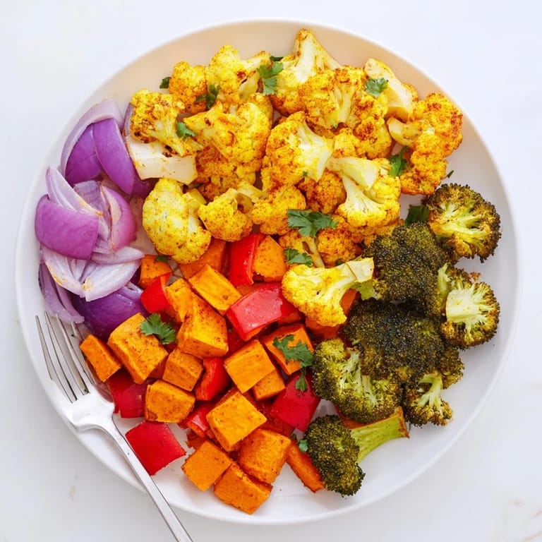 Warm Anti-Inflammatory Turmeric Roasted Vegetables plated over fluffy quinoa, showcasing colorful cauliflower, broccoli, and sweet potato chunks.