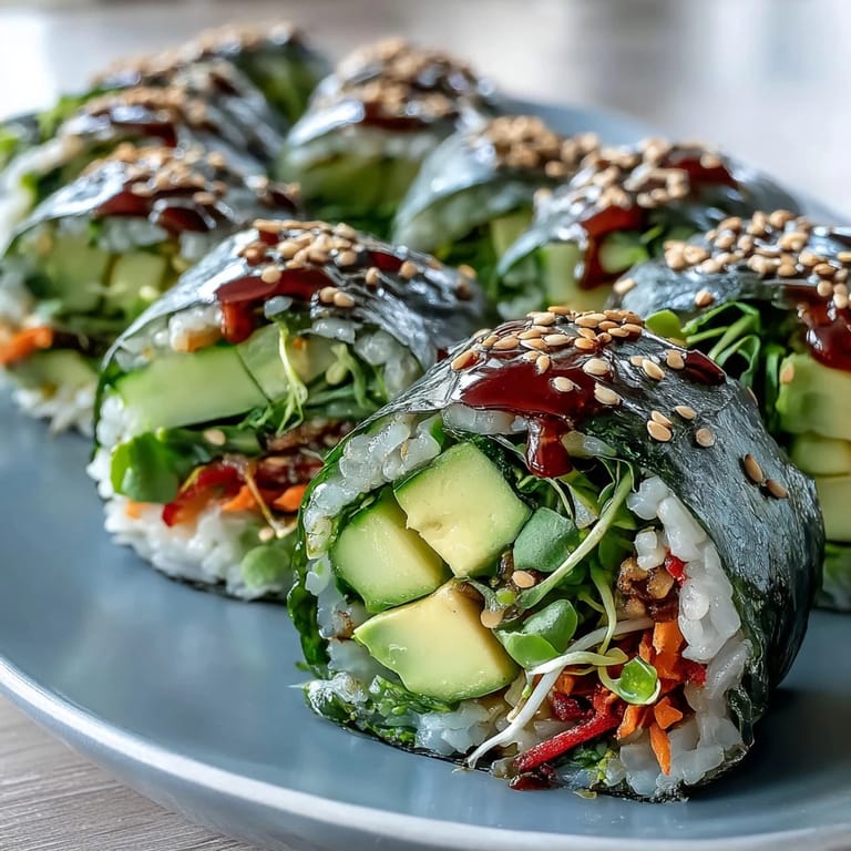Freshly rolled nori filled with colorful vegetables, ready to be sliced and served.