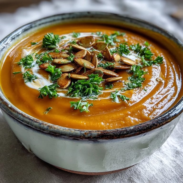 Hot Pumpkin Soup with a drizzle of cream, served alongside crusty artisan bread for dipping.