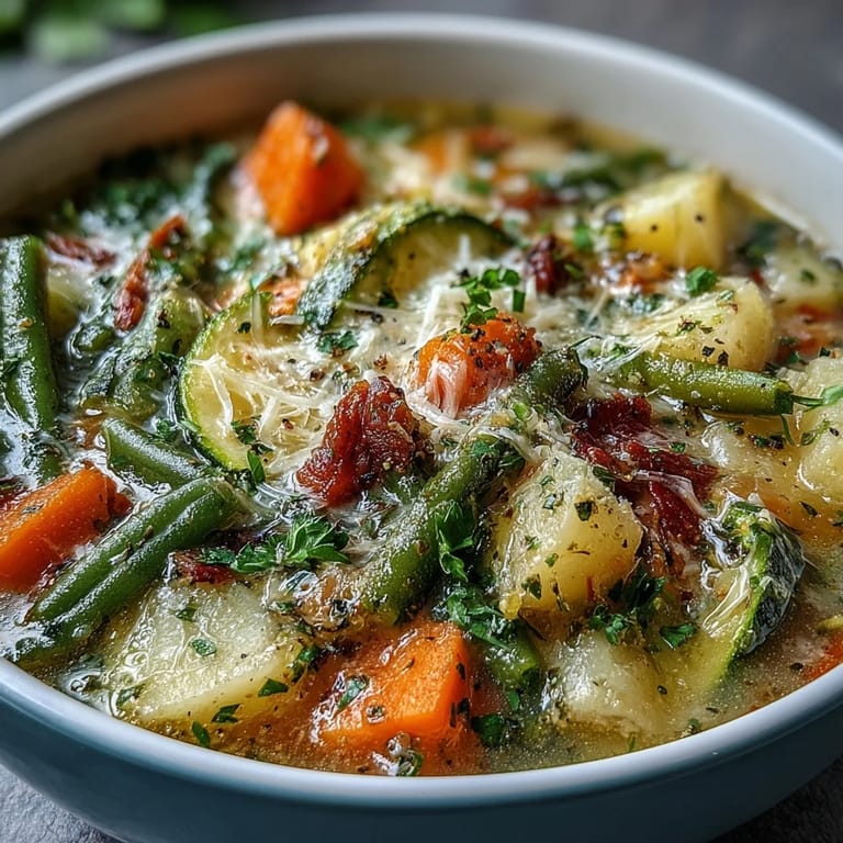 Hearty Parmesan Veggie Soup simmering in a pot, featuring colorful carrots, zucchini, and green beans in a rich tomato broth.