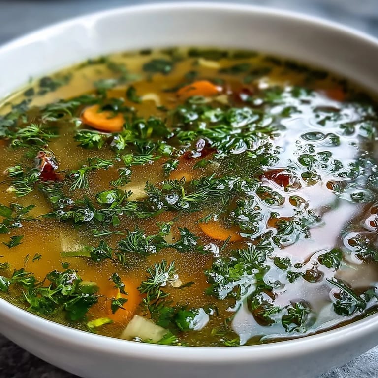 A spoon dipping into a bowl of Lemon Herb Soup, revealing vibrant carrots, celery, and rice in clear broth.
