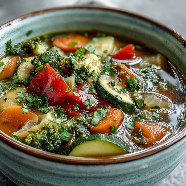 Close-up view of tender broccoli florets, carrots, and zucchini in a savory Ginger Vegetable Soup.