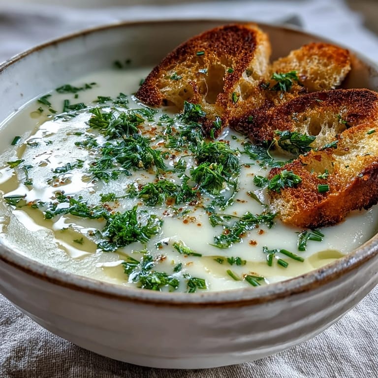 Smooth Garlic and Herb Soup topped with chives and a swirl of cream.