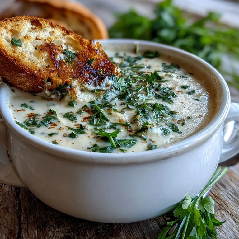 Close-up of Roasted Garlic and Herb Soup served with fresh herbs, showcasing a rich golden color and savory aroma.