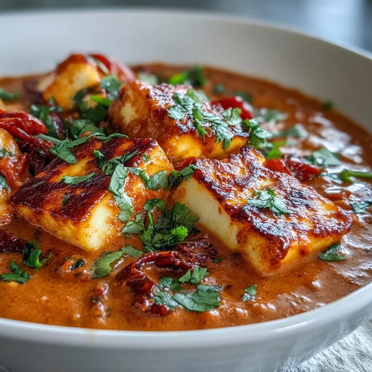 A close-up of a spoon scooping up creamy halloumi and tomato curry, with warm naan bread on the side for dipping.
