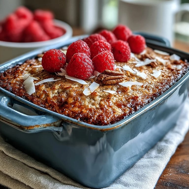 A square slice of the vegan breakfast bake shows juicy raspberries and toasted coconut.