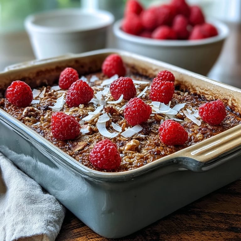 Freshly baked oatmeal bars with raspberries and coconut served on a rustic wooden board.