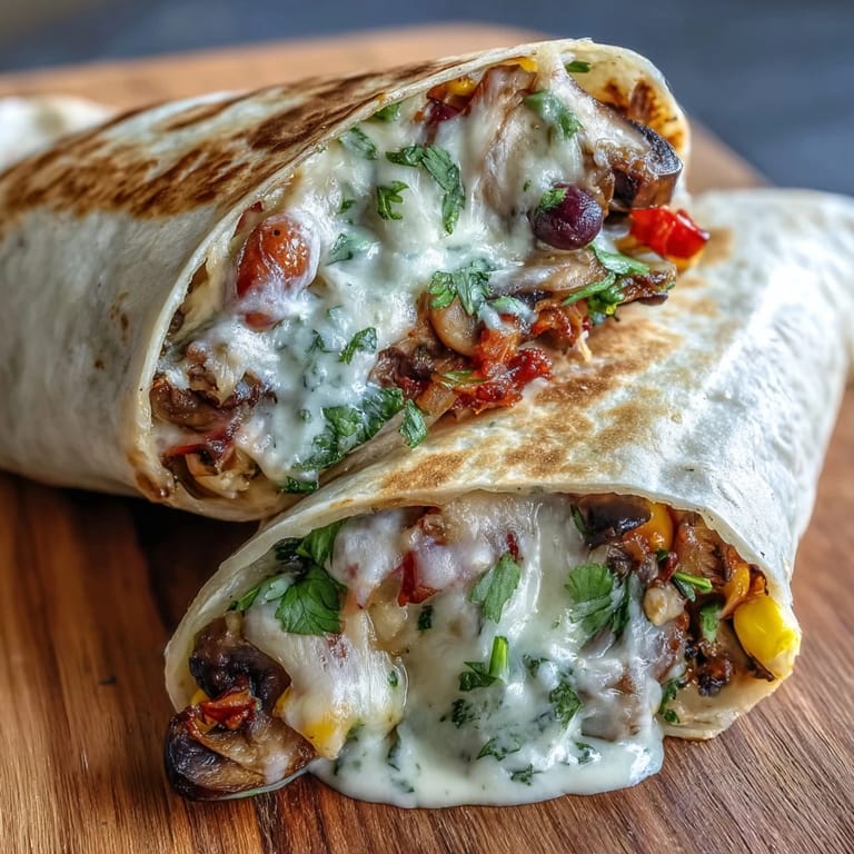 Hearty Veggie Burritos sliced in half to reveal a colorful filling of beans, spices, and fresh cilantro garnish.