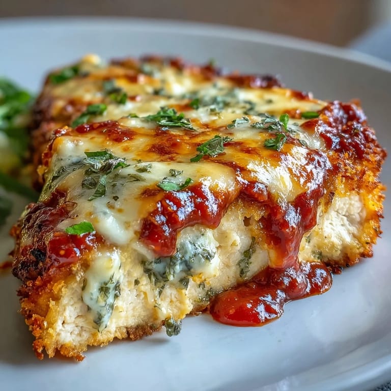 Freshly baked Pesto Chicken Parmesan plated beside a simple green salad, featuring golden cheese crust and fresh basil garnish for a complete weeknight meal.