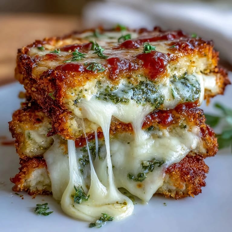 Close-up of tender chicken breast layered with homemade pesto and marinara, topped with gooey mozzarella, served in a white baking dish for a delicious Italian-American dinner.