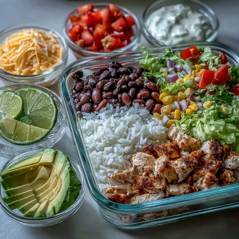 A neatly organized meal prep setup showcases the Meal Prep Burrito Bowl Base with toppings like sliced avocado, shredded cheese, and salsa, ready for a quick lunch.